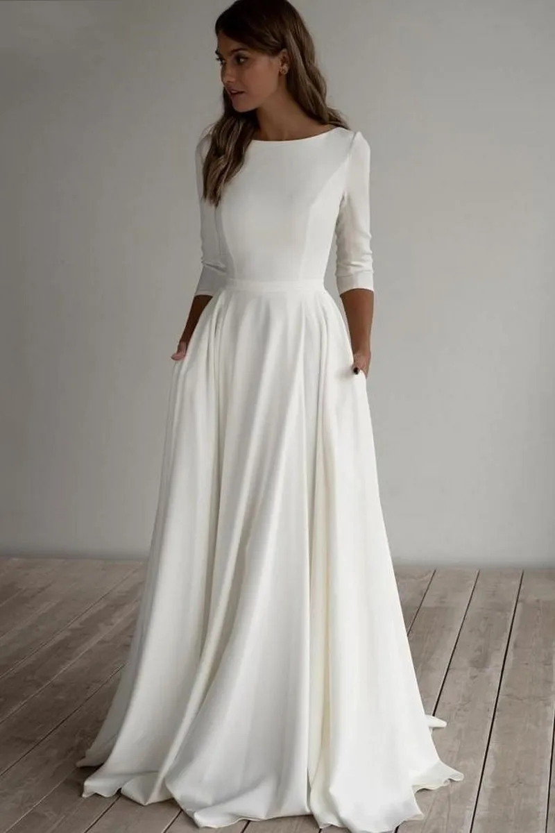 MYYBLE Simple Wedding Dress 2022 Long Sleeves A Line Customer Made Elegant Bridal Dresses With Pockets Plus Size robe de mariee