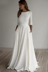 Customized Simple Wedding Dress 2022 Long Sleeves A Line Customer Elegant Bridal Dresses With Pockets Plus Size robe de mariee