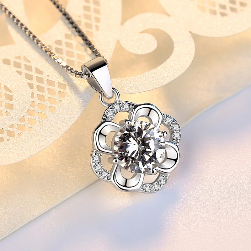 Nowe mody kwiaty na przyjęcie Rhinestone CZ wisiorki Neckalce 925 ze srebra wysokiej próby z cyrkonią Charm naszyjniki kobiety biżuteria prezent ślubny — zdjęcie 5