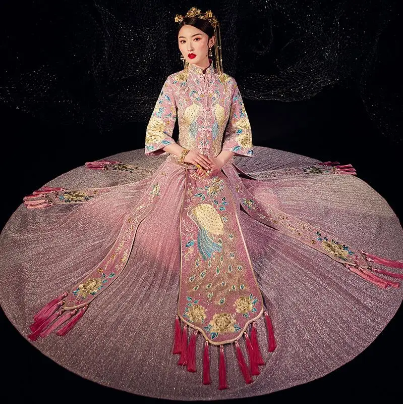 Traditional Chinese style bride wedding dress toast antique Cheongsam Vintage Pink Elegent Modern Asian Wedding Thin Clothing