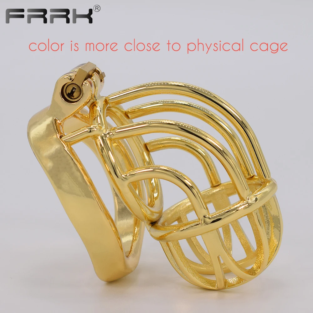 FRRK Gold Chastity Cage Metal Golden Male Bondage Belt Devices Steel Cock Ring Curve Penis Sleeve BDSM Lockable Sex Toys for Men