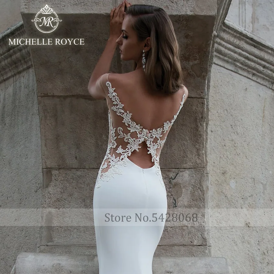 Michelle Royce Zeemeermin Trouwjurken Elegant Scoop Cut-Out Applicaties Sierlijke Knop Hof Trein Bruidsjurken Vestido De Novia