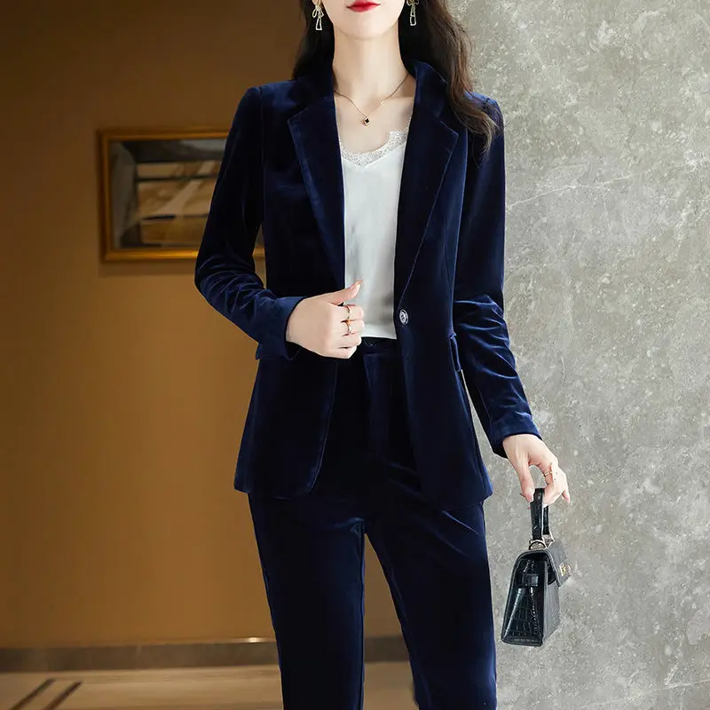 Ladies High Sense of Purple Suit Jacket and Pants Two-piece Spring and Autumn New Gold Velvet Office Professional Suit  Km1253