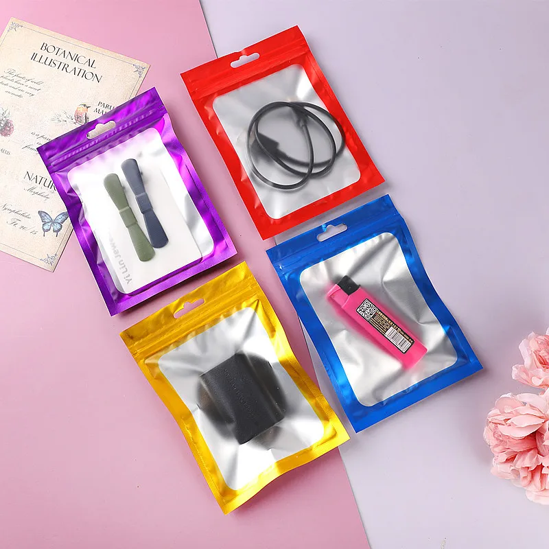 Resealable Colorful Aluminum Foil Window Zip Lock Bags Women Jewelry Nail Beauty USB Bracelets Sexy Lingerie Candy Gifts Pouches