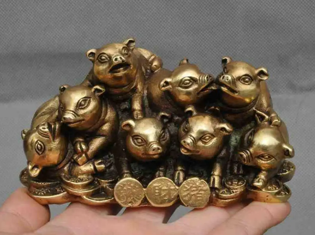 

5" chinese fengshui brass wealth money coin Make a fortune pig lucky pigs statue