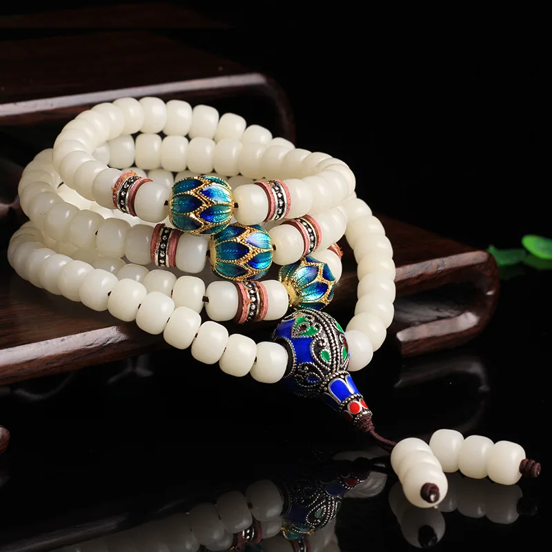 THREE COBBLER White Bodhi Beads 108 Rosary Ethnic Style Blue Guru beads Bracelets Buddha Prayer Japa Mala Jewelry