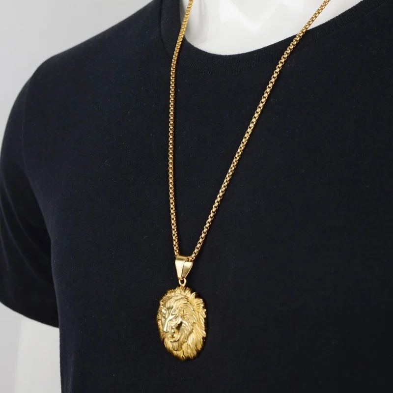 Long hair lion head shape bohemian crystal inlaid pendant necklace men\'s necklace fashion animal pendant accessory party jewelry