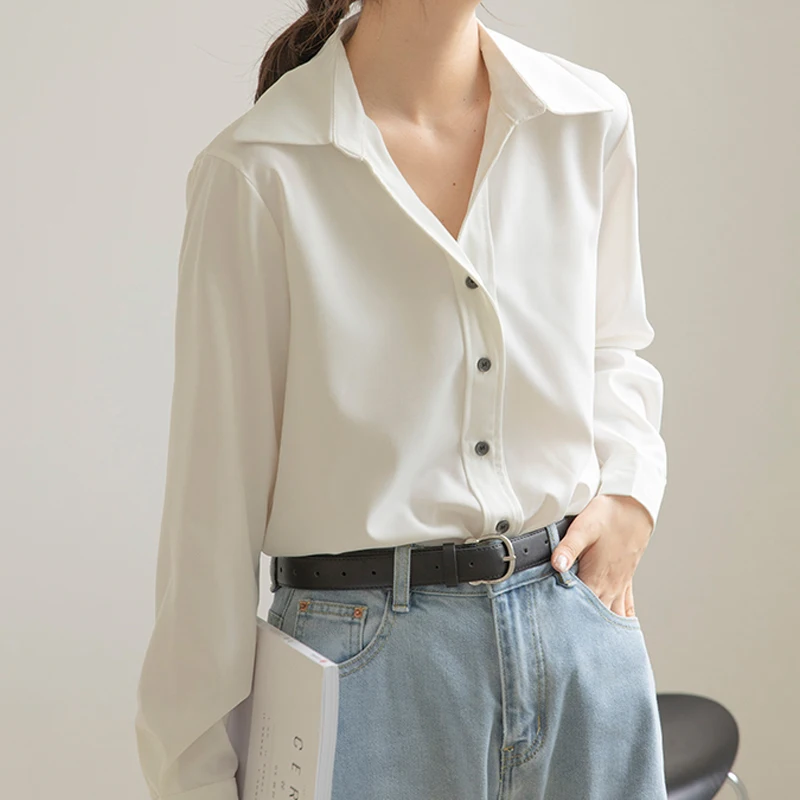 Vrouwen Tops Satijnen Vest Revers Shirt Lady V-hals Vintage Lange Mouwen Shirts Blouse Blusas