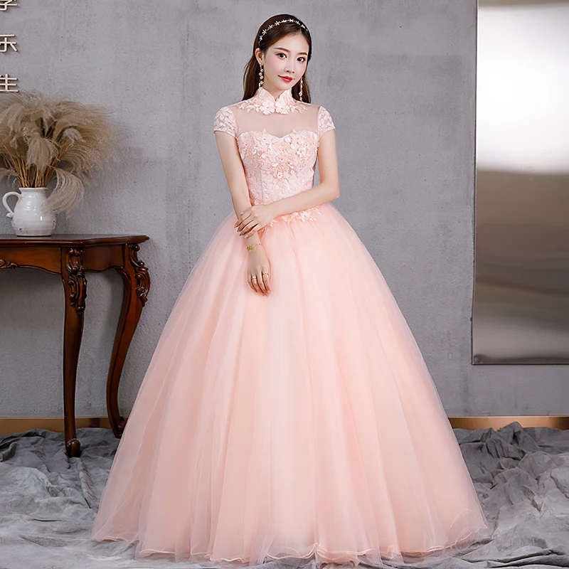 Vestido De quinceañera De tul para fiesta, traje De fiesta con apliques De 15 años, cuello alto, Rosa dulce, 2022