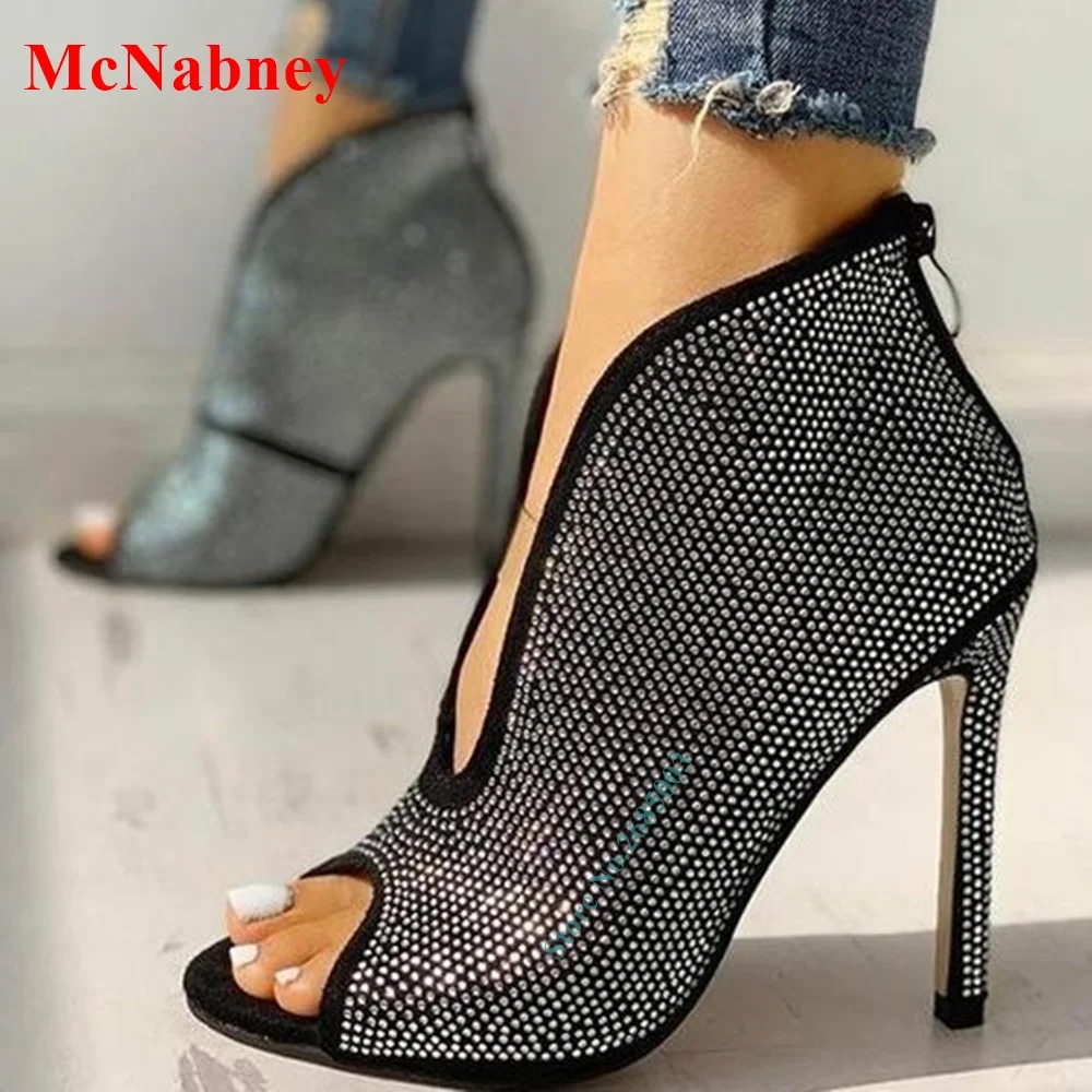 

Studded Detail Peep Toe Ankle Pumps Thin High Heels V Cuts Women Party Shoes Back Zipper Solid Pumps Spring Dress Fashion Shoes