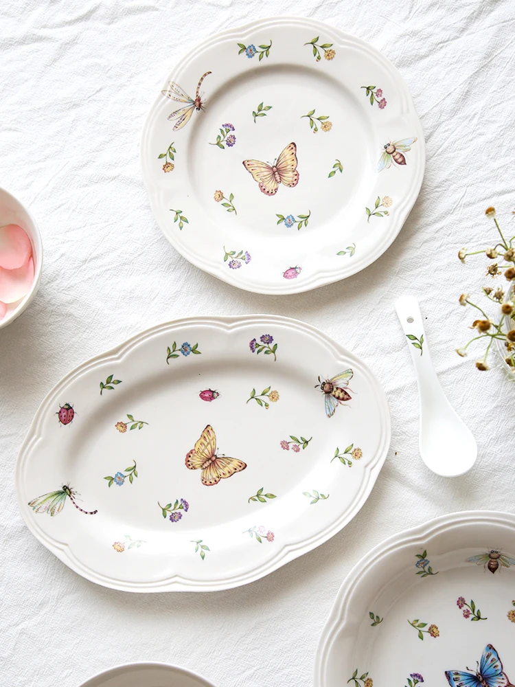 Assiette à dîner en céramique papillon de jardin doré vintage, bol à soupe à salade de riz, cuillère à dessert, ensemble de vaisselle coréen, vaisselle