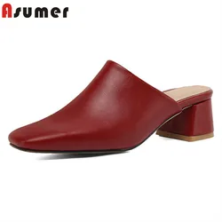 Asumer mules 2022 Plus Size 34-50 décolleté da donna punta quadrata tacco spesso colori solidi scarpe da festa Casual scarpe da donna con tacco alto