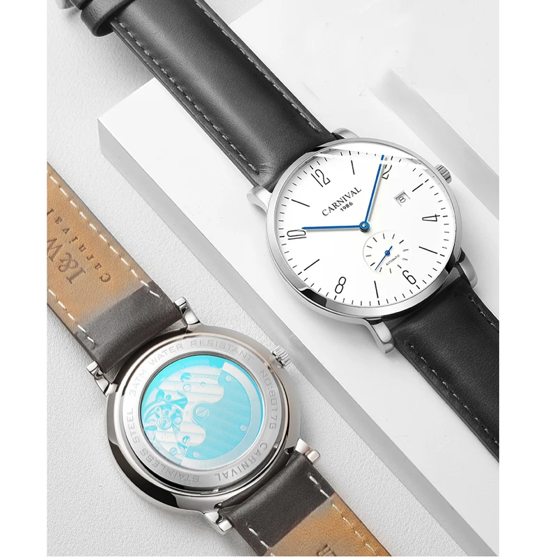 Carnival Fashion Simple Small Seconds Design Mechanical Watch Men Calendar Waterproof Automatic Watch Leather Strap Watches 8017