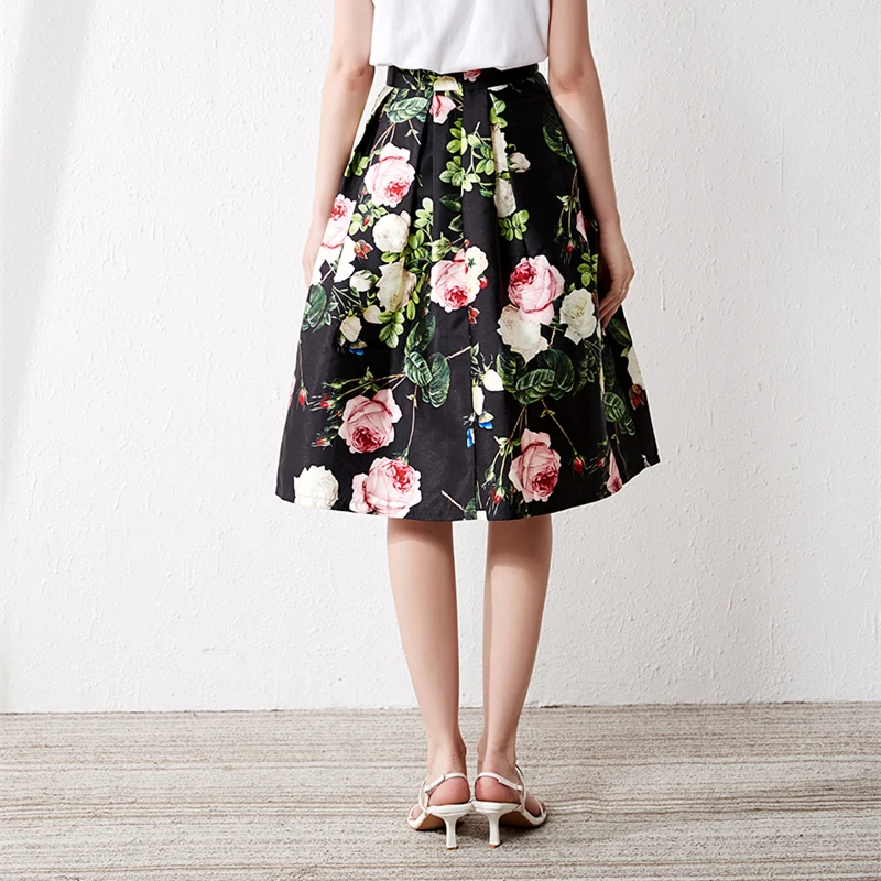 Special Offer New Spring Autumn Women High Waist Slim Midi Skirt Korean Fashion Elegant Flowers Print Big Hem A-Line Skirt