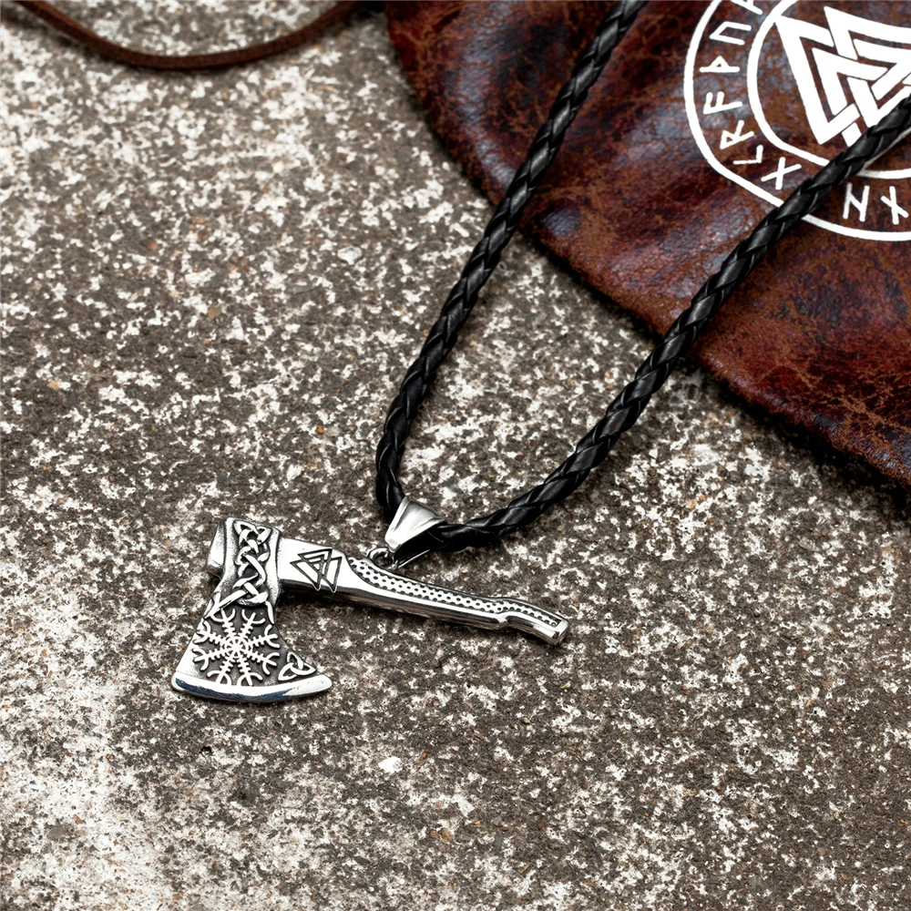 Vintage Men Viking Poleaxe Pendant Odins Norse Runes Axe Scandinavian Stainless Steel Nacklace Amulet Male Self-defense Jewelry