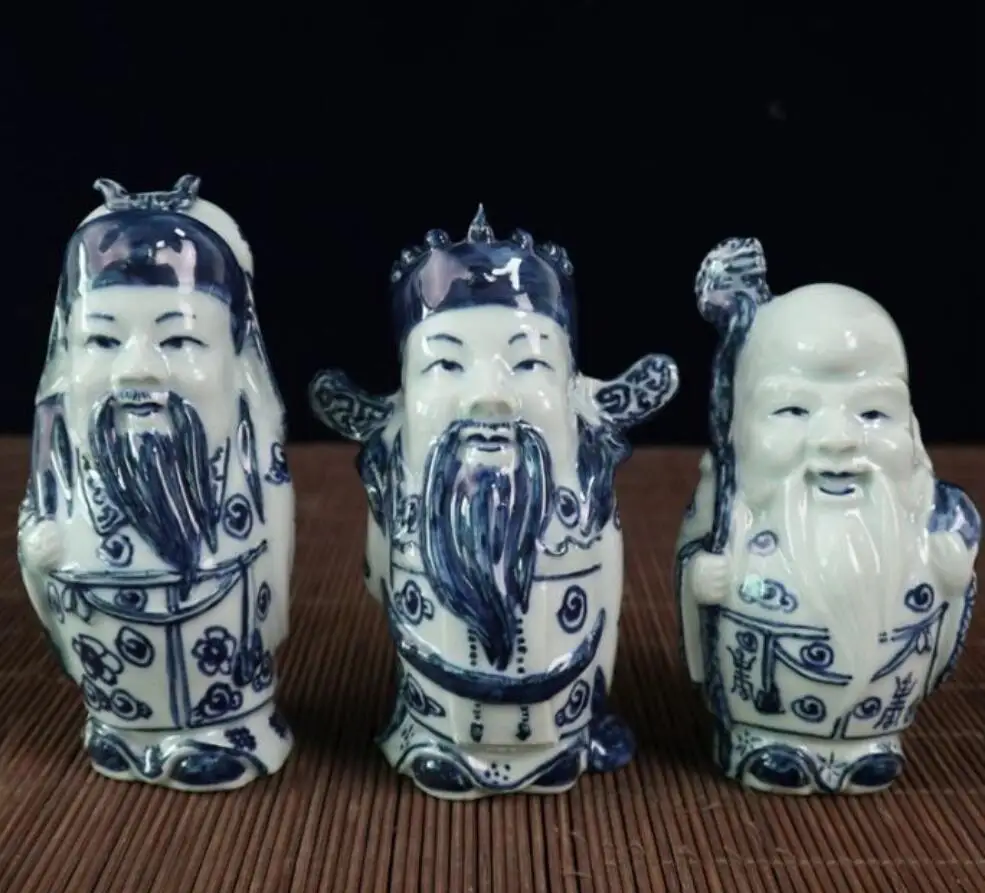 

China Blue and white ceramic Fu lu shou three God crafts statue A set