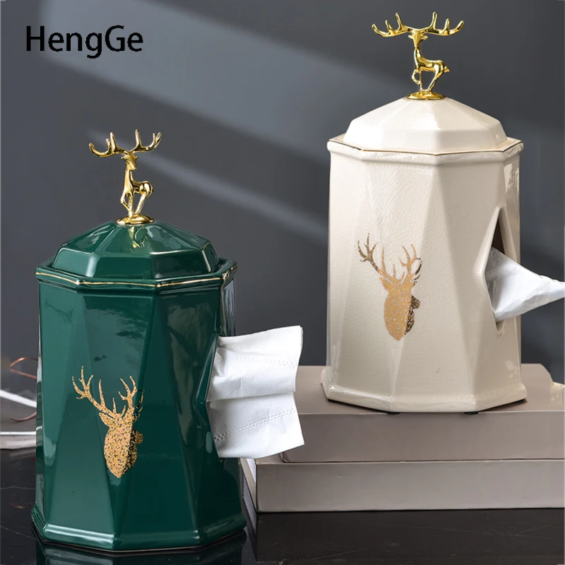 

Ceramic Tissue Box Nordic Golden Stroke Deer Vertical Napkin Holder Creative Decoration Dining Table Pumping Paper Storage Boxes