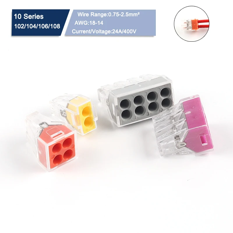 10 PCS Quick Push in Universal Compact Wire Connectors 2/4/6/8 Pin Conductor Wiring Terminal Block Connector 102/104/106/108