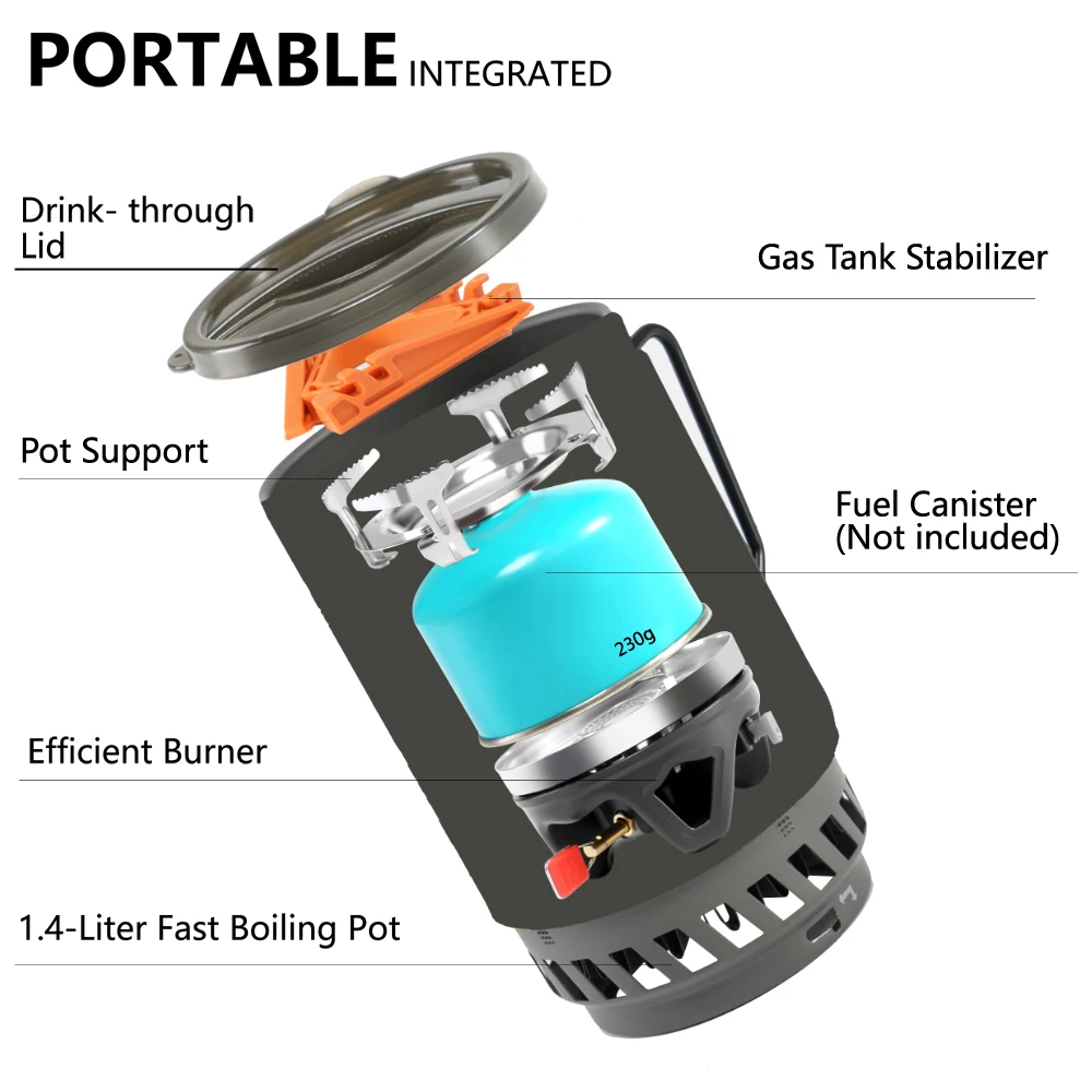 APG Portable Cooking System Outdoor Hiking Stove Heat Exchanger Pot Propane Gas Burners 1400ml Camping Equipment Oven