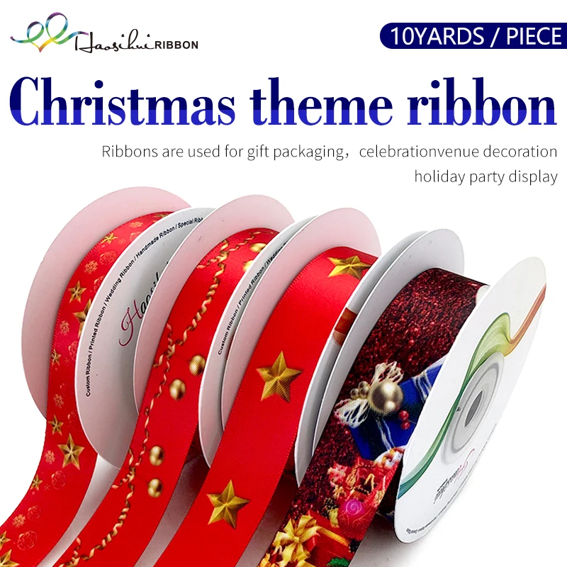 Cartoon Dog Series Printed Satin Ribbon, Elastic, Geometric Wave, Heart, Christmas Decor, Bow Making, 22mm, 10 Yard/lot