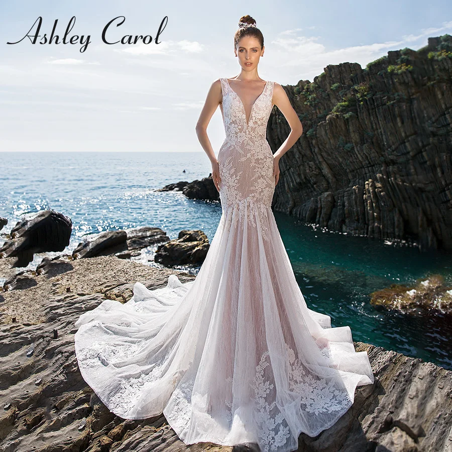 أشلي كارول حورية البحر فستان الزفاف رومانسية عارية الذراعين يزين مطرز الخامس الرقبة بلا أكمام ثوب الزفاف فساتين العروس الساطعة #3