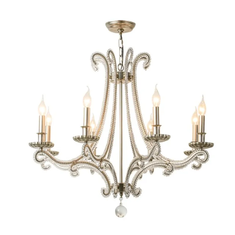 French Cast Metal Chandelier For Living Room Indoor Lighting Country Wrought Iron Lamp Bedroom Retro Silver Crystal Chandeliers