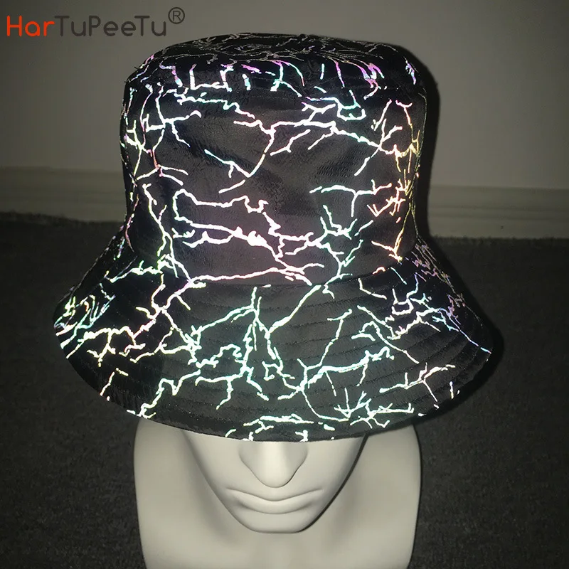 

Women Harajuku Bucket Hat Outdoor Reflective Colourful Unisex Cap Flash Print Panama Hip Hop Rap Club Party Fishing Hats