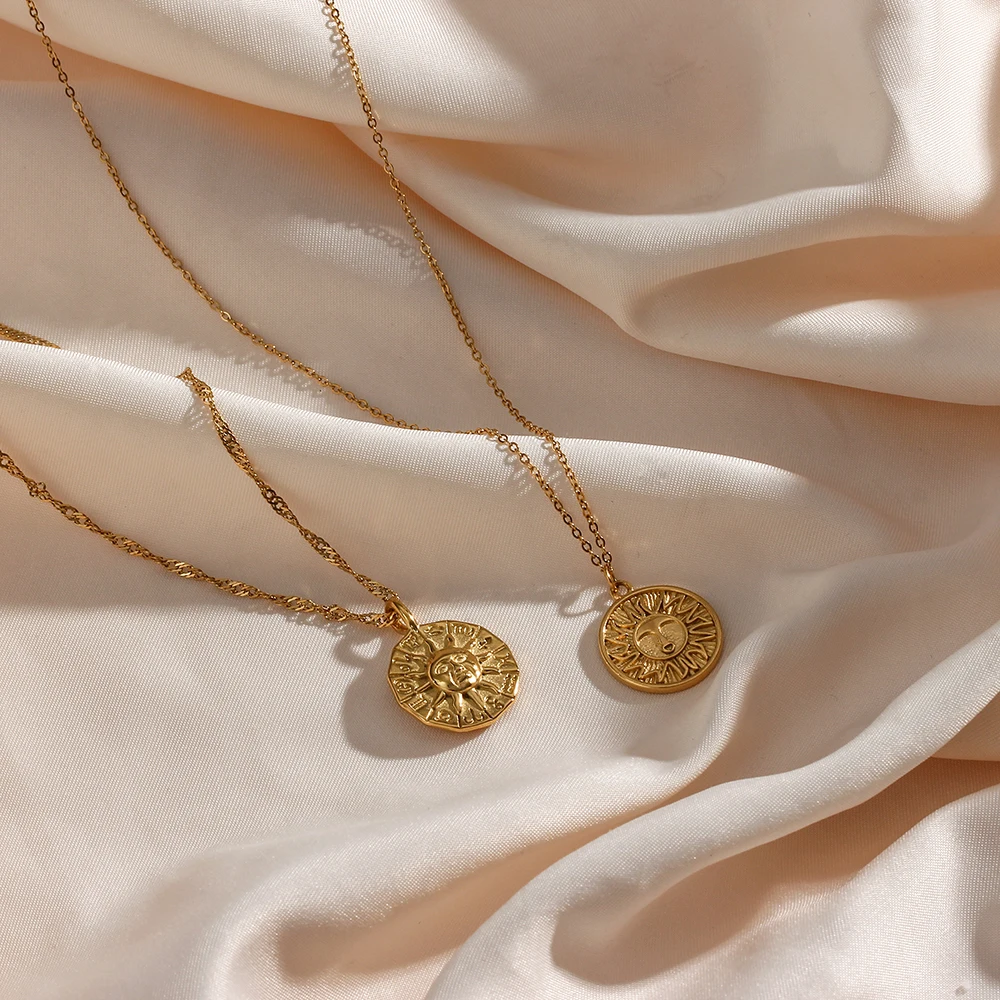 E.B.belle Creative Design Casting Stereoscopic Coin Necklace Stainless Steel Gold Color 12 Zodiac Sign Sun Necklace For Women