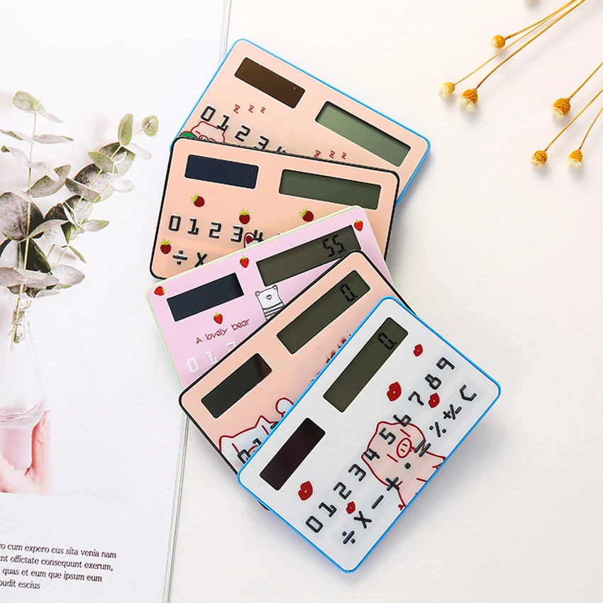 Creative portable small calculator, cartoon mini card type ultra-thin solar cute exam calculator, plastic 8-digit display