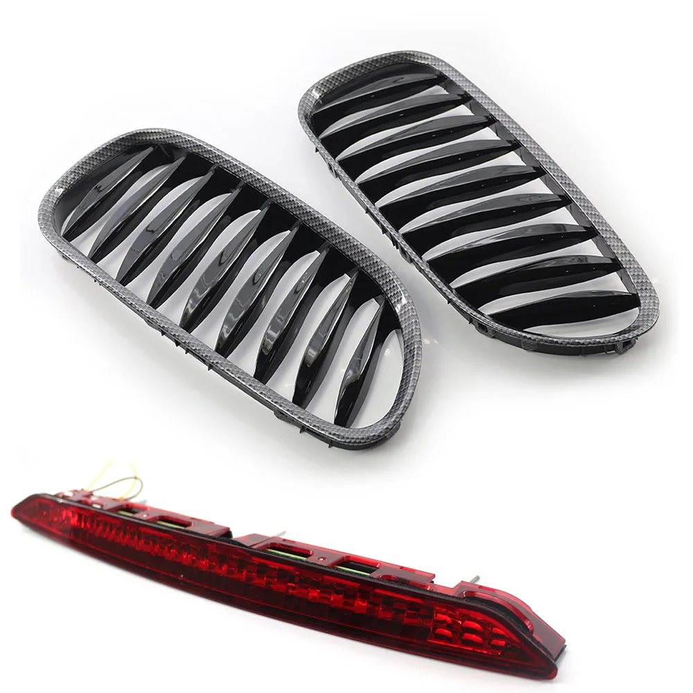 Carbon Fiber Style Front Grille + 3rd Brake Stop Light Red for BMW Z4 E85 03-08