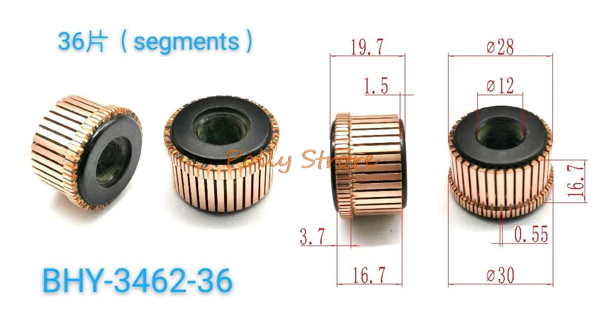 1Pc 12x28x19.7(16.7)mm 36P Copper Bars Alternator Electric Motor Commutator BHY-3462-36