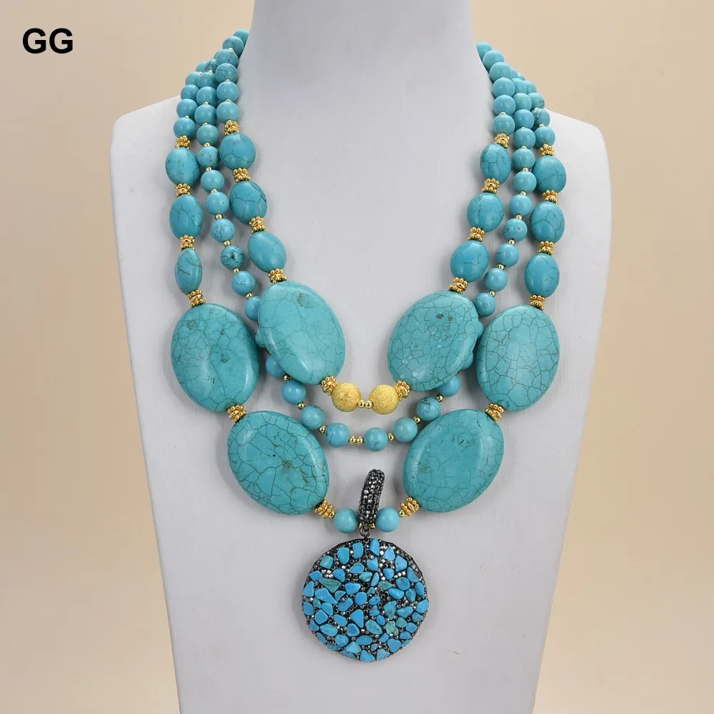 G-G Jewelry 18'' Turquoise Chips Pendant 3 Rows Gold Color Plated Round Oval Blue Turquoise Necklace