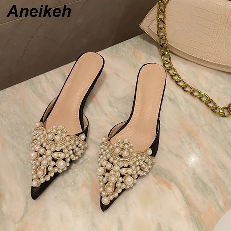 Aneikeh Summer Fashion Women\'s Thin Heels Outside String Bead Basic Solid Flock  Pointed Toe Slippers Shallow Black Size 35-42