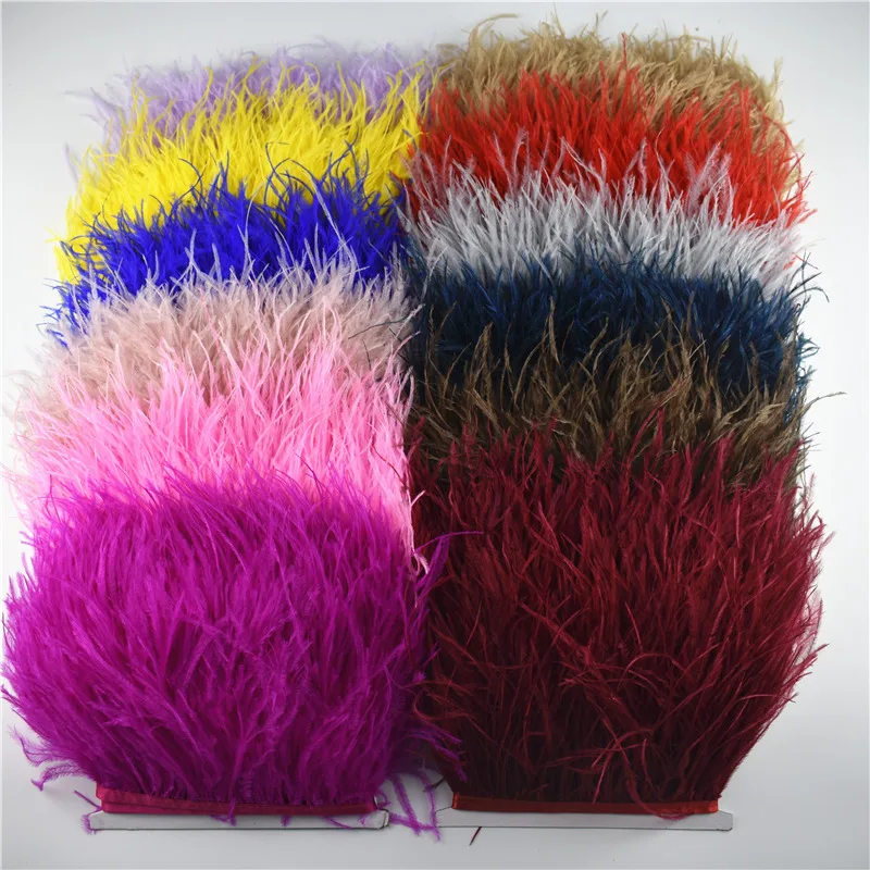 1Meter 10-15CM Ostrich Feather Trims for Skirt White Ostrich Feathers on Tape Ribbon Decoration for Dresses Carnival Accessories