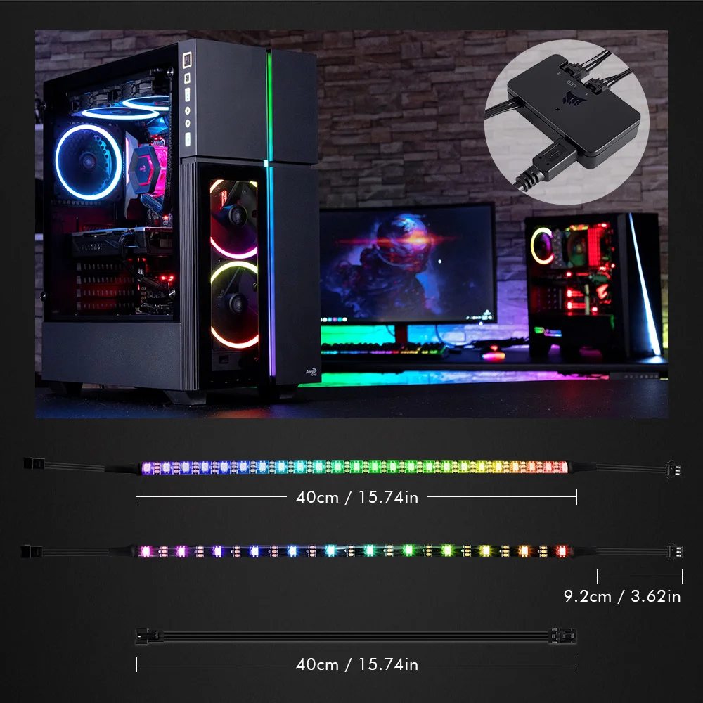 WS2812B RGB LED Strip,Addressable 40CM IP65 Digital Light Strip For PC Case,For Corsair iCUE Interface Computer Motherboard