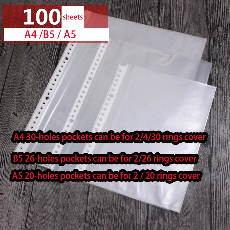 30 26 20 Holes Plastic Pockets, A4 B5 A5 Soft PVC Transparent Sleeves Bag 100sheets