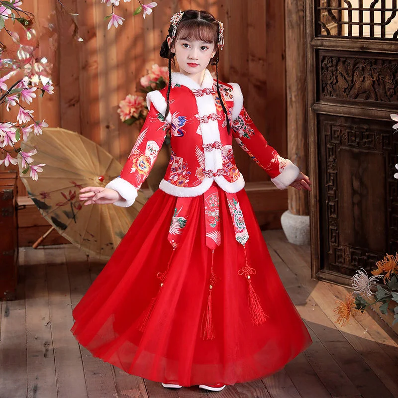 Girls\' Hanfu New Year\'s Clothing Children\'s Warm Cheongsam Chinese Tang Suit Kid Winter Plus Velvet Cute Embroidery Party Dress