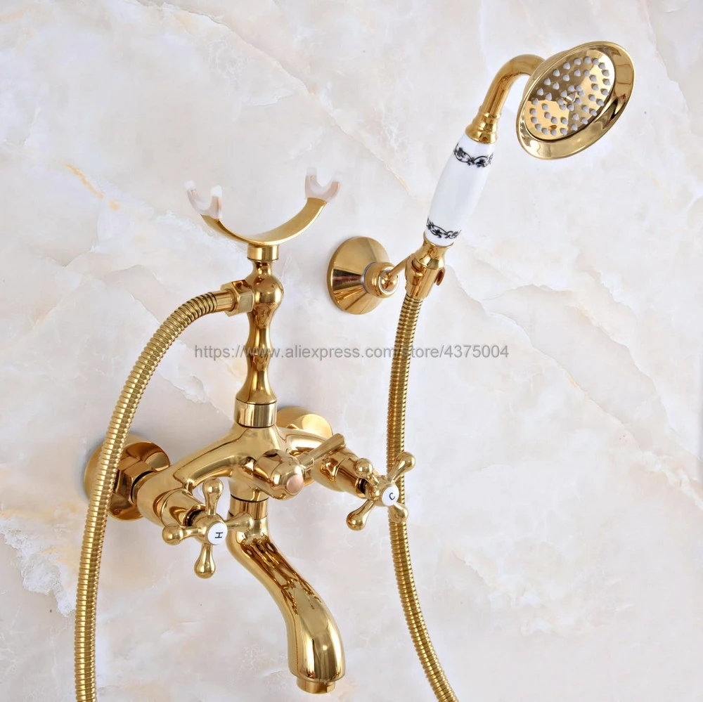 

Luxury Bathtub Faucets Gold Brass Bathroom Faucet Mixer Tap Wall Mounted Hand Held Shower Sprayer Tub Mixer Tap Nna945