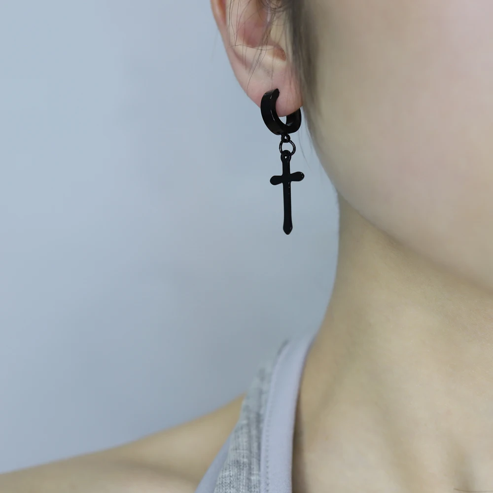 Fashion Men's Stainless Steel Cross Pendant Cartilage Drop Dangle Earrings Punk Jewelry for Cool Women Girl Friendship Gifts