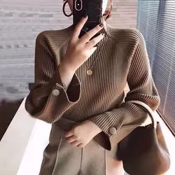 Women Autumn And Winter Half High Collar Knitted Sweaters Solid Female Soft Elastic Soild Color Pullover Button Full Sleeve Tops