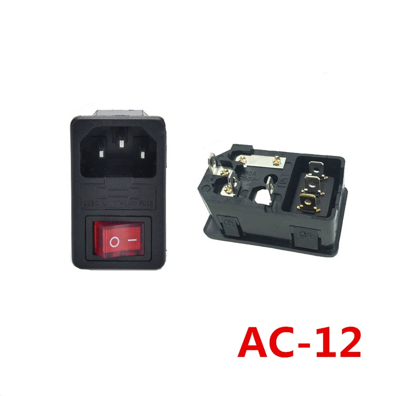 1PCS AC Power Socket Whit Rocker Switch 3 Pin Red LED 250V 10A Fuse Female Male Inlet Plug Connector 2 Holes Socket Mount