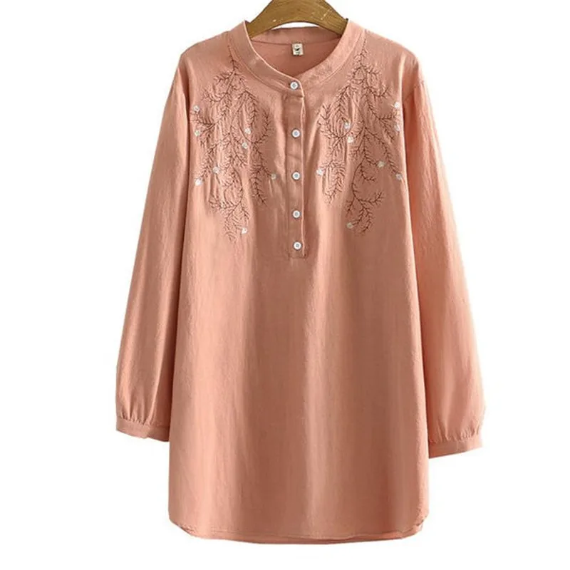 Embroidery T-Shirt Medium Long Long Sleeves Round Collar 2021 Autumn Loose National Wind Cotton Shirt Large Size Women\'s Dress