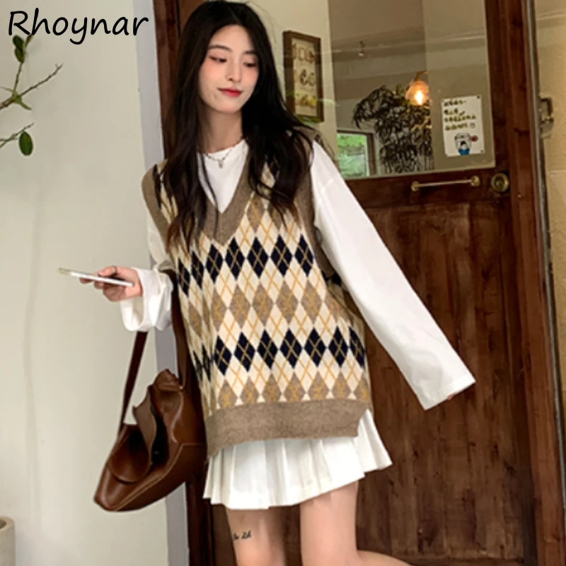 

Sweater Vests Retro Fashion Sleeveless Jumpers V-neck Leisure College Argyle Female Elegant Cozy Ladies All-match Hot Sales New