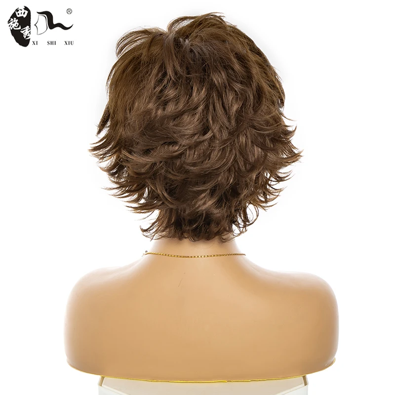 XISHIXIUHAIR-Perruque Synthétique Courte Blonde Mixte avec Frange pour Femme, Perruques de Cheveux Coupe Pixie Naturelle Ondulée, Fibre de Degré de