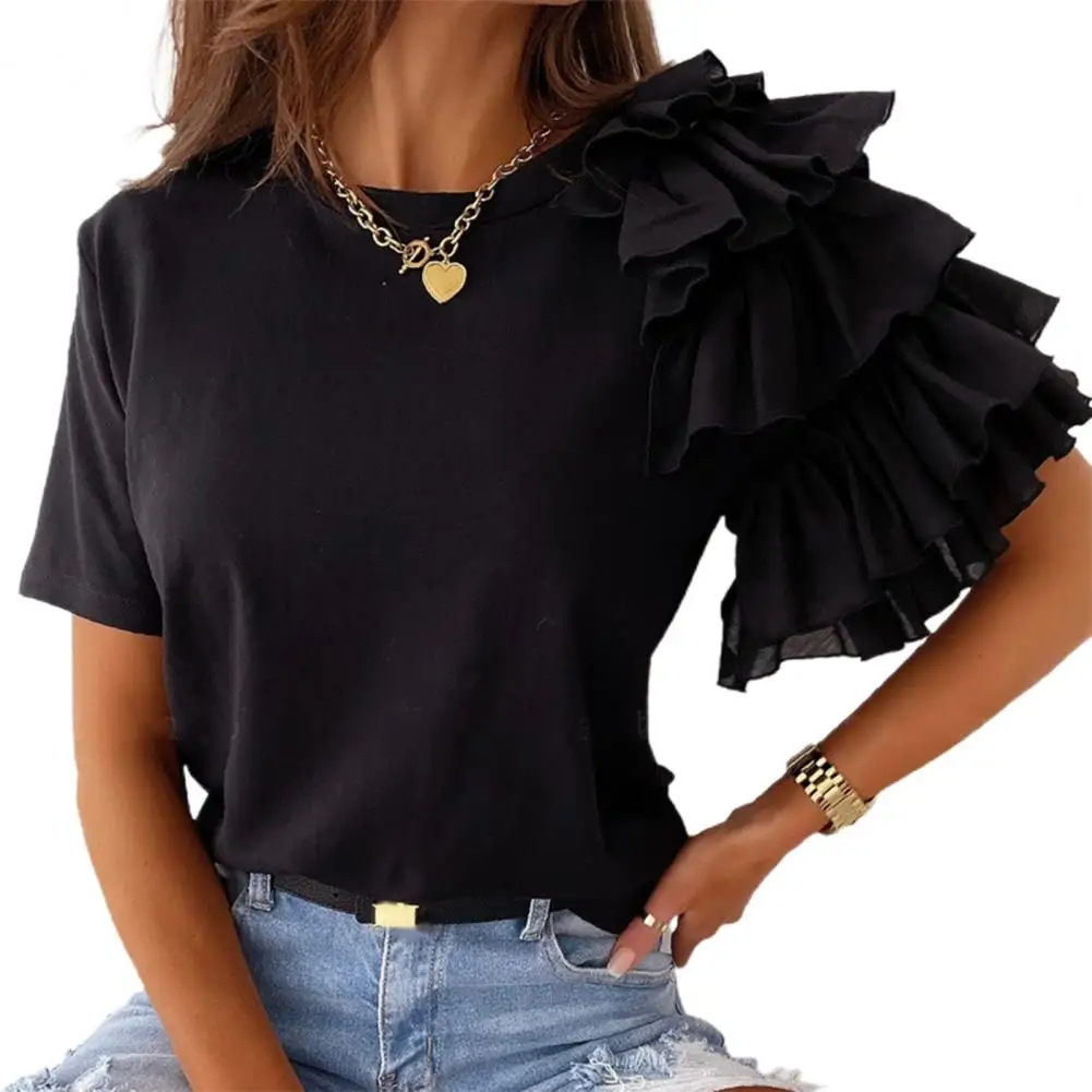 Fashion Women Blouse Elegant Fashion Solid Color Layered Ruffle Short Sleeve Asymmetric Loose Top Summer Blouses 2021