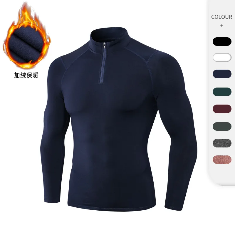 Men autumn and winter with velvet fitness clothes T shirt stretch tight sports running long sleeves warm standing collar hoodie