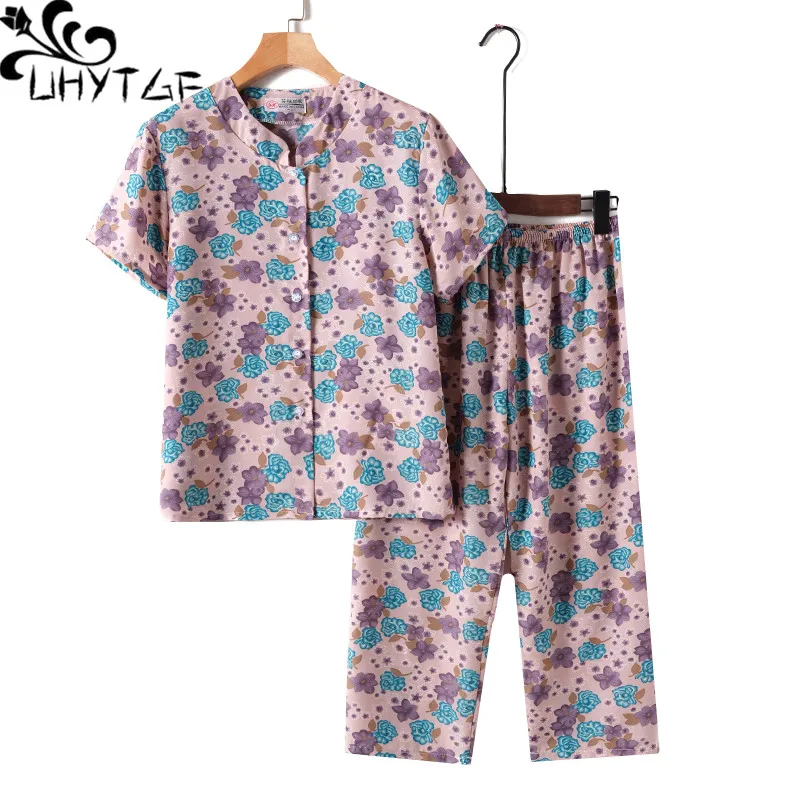 

UHYTGF Short-Sleeved 3XL Big Size Suit Womens Fashion Print Middle-Aged Elderly Thin Summer Two-Piece Sets Female Tracksuit 2079