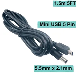 DC Power Supply Adapter Jack Male 5.5mm x 2.1mm  Plug To Mini USB 5 Pin Male Charging Cable 5ft 1.5m