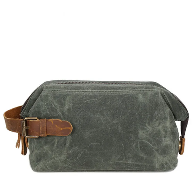 Men's Oil Wax Canvas Clutch Retro Style Top Layer Cowhide Toiletry Bag Cosmetics Bag Fashion Wrist Bag