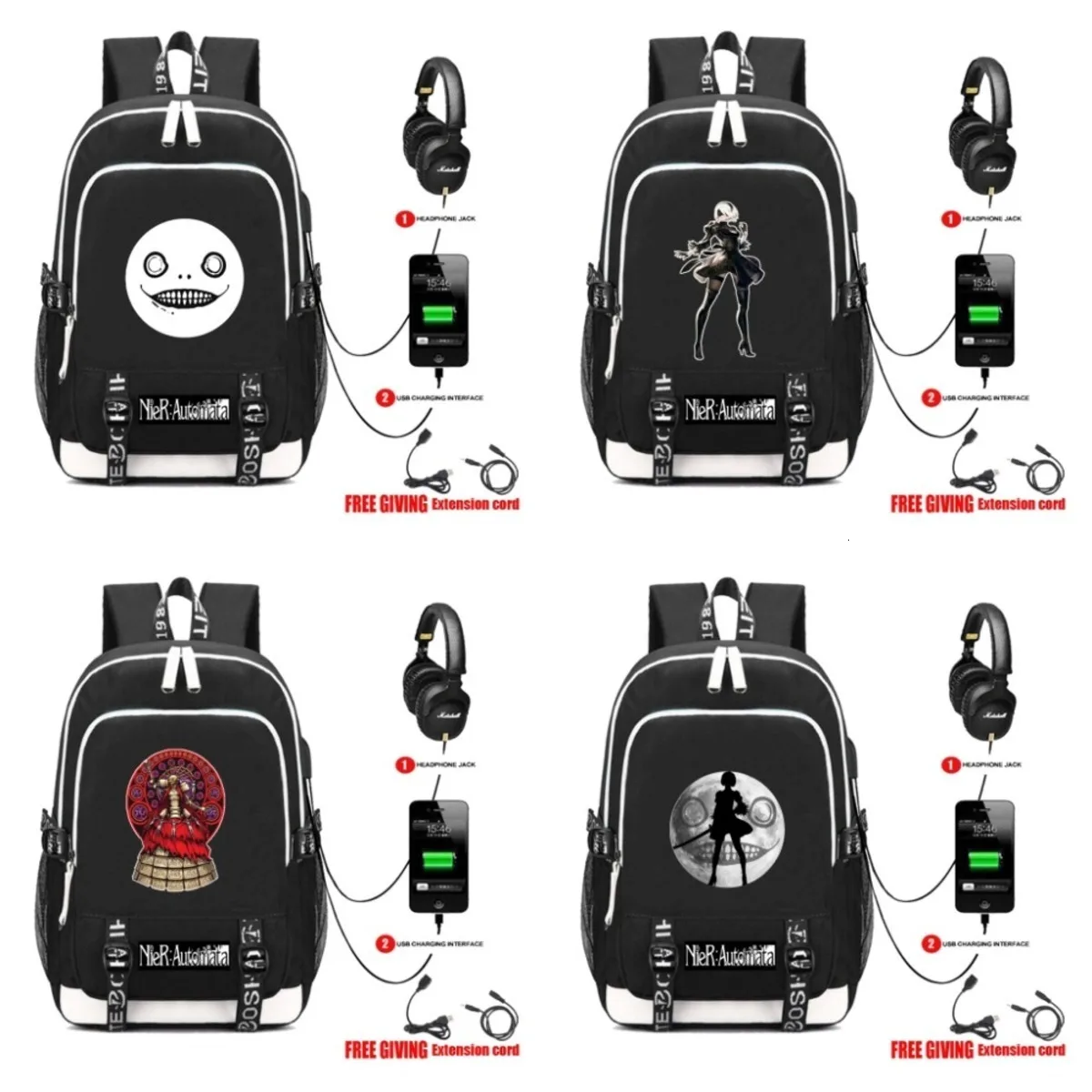 USB شحن سماعة جاك الطلاب bookbag الرجال حقيبة كتفية للسفر على ظهره لعبة NieR: autoata YoRHa 2B ظهره 4 style